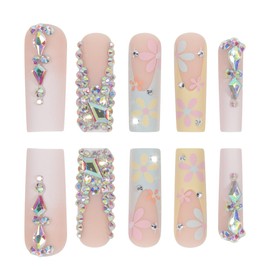 Long Press on Nails Coffin Fake Nails French Tip False Nails with Designs Flower Glue on Nails Bling Rhinestone Stick on Nails Full Cover Square Acrylic Nails Aritficial Nails for Women 24 Pcs
