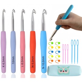 Cdrompy 5 Large Crochet Hooks,Size 6.5mm 7.0mm 8.0mm 9.0mm 10.0mm Crochet Hooks,22PCS Large Crochet Hooks Set,Ergonomic Crochet Hooks Set Grip Soft Handles Size K L M N in Case
