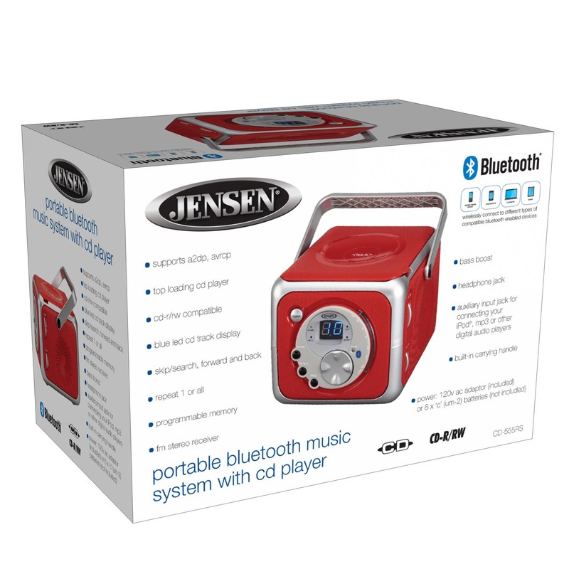 Jensen CD-555RS Red CD Bluetooth Boombox Portable Bluetooth Music System