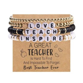 TETING GINING Love Teacher Inspire Letter Gold Ball Clay Beaded Card Bracelets for Women Jewelry (A)