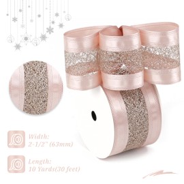 DINDOSAL Dusty Pink Wired Ribbon 2.5" X 10 Yards Pink Satin Ribbon with Gold Mesh Wired Christmas Ribbon for Tree Decorations,Gift Wrapping Wreaths Garland, Topper Bows Crafts, Home Decor