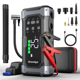 Oreetga 9000A Car Jump Starter with Air Inflator/Deflator Compressor, 9 in 1 Portable Jumper Box Power Pack (All Gas/14L Diesel) Combo Cordless Air Pump for Tire Inflator & Large LCD Screen