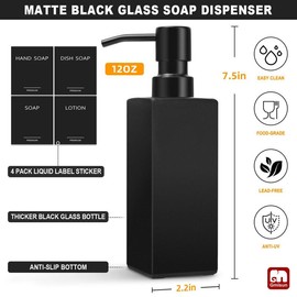 GM GMISUN 12oz Glass Soap Dispenser with Stainless Steel Pump - Black Hand Soap Dispenser for Bathroom & Kitchen, Dish Soap Dispenser Set - No Drip, Modern Design