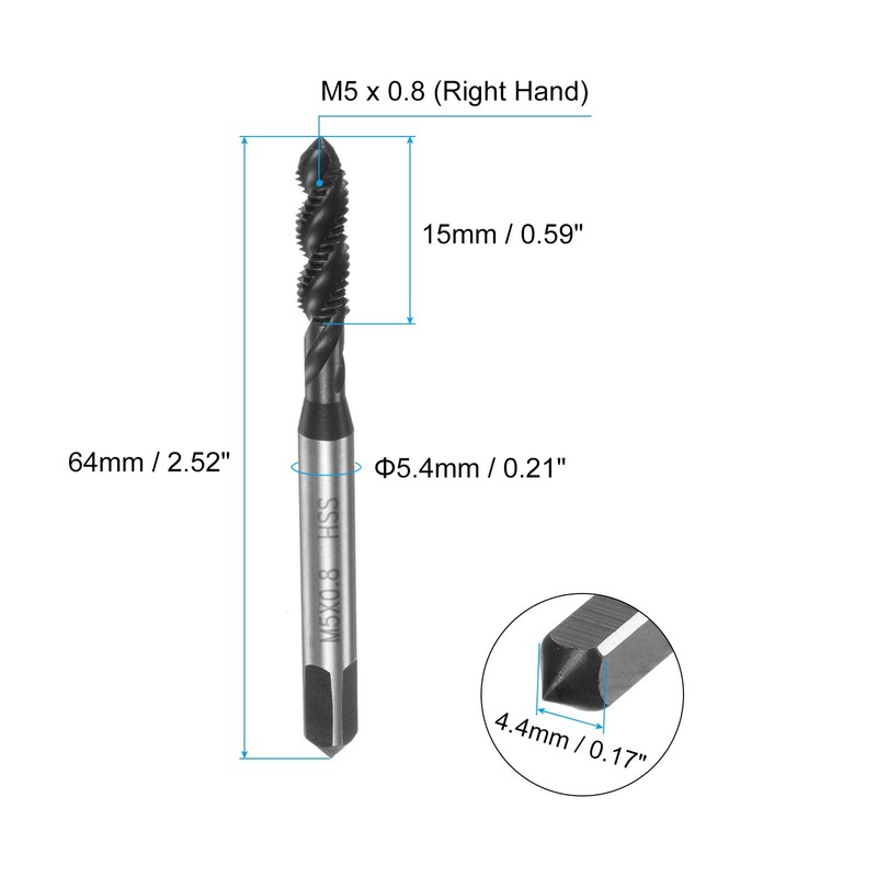 sourcing map 8pcs Metric Spiral Flute Thread Taps, M5 x