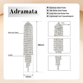 Adramata Crystal Drop Earrings for Women Stainless Steel Post Hypoallergenic Statement Earrings Sparkly Rhinestones Long Tassel Dangle Earrings Wedding Bridal Earrings Silver Drop Earrings for Women