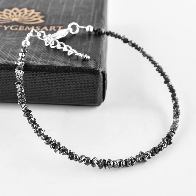 InfinityGemsArt Raw Black Diamond Rough Gemstone Full Beaded Bracelet, Dainty