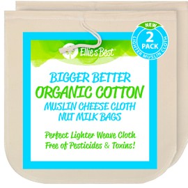 Organic Cotton EZ-2-Squeeze Nut Milk Bags - 2pk -14" x14" Reusable All Purpose Food Strainer Bag- Light Strong Muslin Mesh Cheesecloth