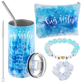 Sieral 4 Pcs Big Sister Gifts for Girls Cute Big Sister Makeup Bag 14oz Stainless Steel Tumbler Scrunchies Big Sister Bracelet for Little Girls of New Baby Christmas Birthday(Blue,Snowflake)