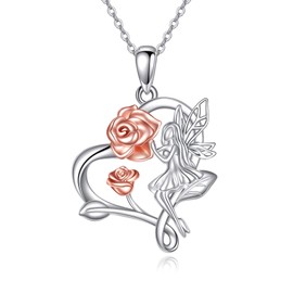 VONALA Fairy Necklace Sterling Silver Heart Fairy Angel Wings Pendant Necklaces Rose Flower Jewelry Gifts for Women