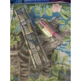 TishIron 5D DIY Lazy Kitty Cat w Pink Flowers Diamond Painting Kit NEW 12" X 16"