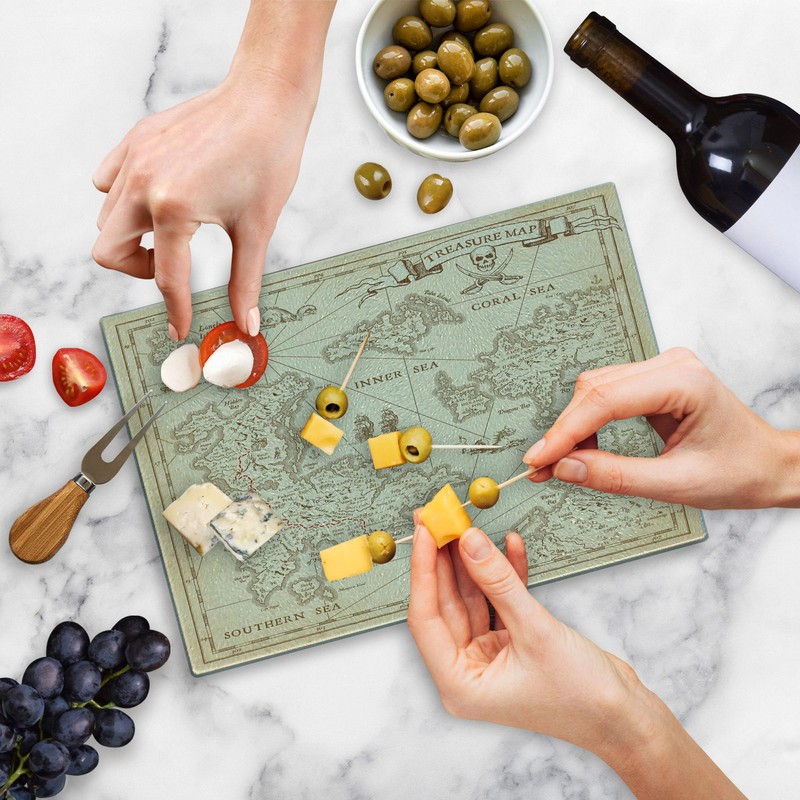 Lunarable Island Map Cutting Board, Detailed Treasure Map with Unique
