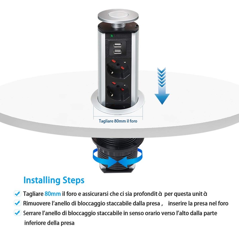 EXTRASTAR Retractable Desk Socket with 2 USB 3 Italian Sockets