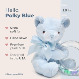 Bearington Collection Baby Polky Blue Plush Stuffed Animal Teddy Bear Shaker Toy Ring Rattle, 5" - Baby Boy Toys - Newborn Stuffed Animal