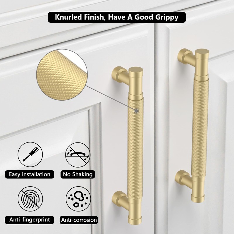 Amerdeco 10 Pack 3.75 Inch(96mm) Brushed Gold Cabinet Pulls Knurled