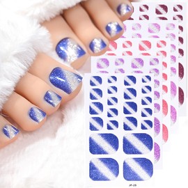 Toe Full Nail Wraps Gel Nail Stickers Solid Colorful Glitter Diagonal Nail Full Wrap Nail Polish Strips Blue Pink Purple 5PCS Self-Adhesive Toe Nail Decals for Women DIY Manicure Nail Art Decorations
