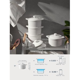 DOWAN 10 oz Ramekins with Lids Oven Safe, Porcelain White Ramekins for Creme Brulee, Souffle Dish, Stackable Ramekins with Cover and Handle for Baking, Set of 4, White