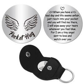 CREATCABIN Wings Pocket Hug Double-Sided Souvenir with PU Leather Keychain Stainless Steel Pocket Hug Long Distance Relationship Commemorative Coin for Women Men Friends Relatives Gifts 2.8 x 1.9in