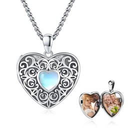 PARYFO Vine Heart Shaped Locket Necklace 925 Sterling Silver Photo Locket Necklace That Holds 2 Pictures Vintage Oxidized Moonstone Filigree Pendant Jewelry Memory Gifts for Women Men- Rose Pattern,