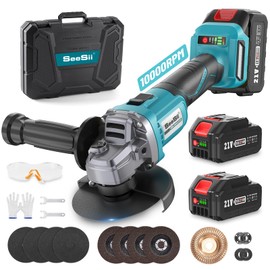 Seesii Cordless Angle Grinder 4-1/2 Inch, 21V Brushless Battery Grinder Tool with 2X 4.0Ah Batteries, 10000RPM Power Electric Grinder for Metal Cutting, Grinding, Polishing, Rust Removal (Blue)