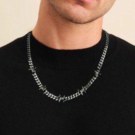 FEEL STYLE Barbed Wire Cuban Link Chain for Men Women Stainless Steel Thorns Choker Necklace Hip-hop Punk Gothic Jewelry 22inch