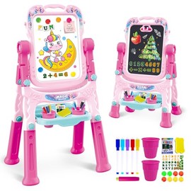 Caballete de Arte Infantil, Pizarrón Magnético Doble Cara, Pizarra Giratoria Ajustable con Accesorios de Pintura, Juguete Didáctico Educativo, Regalo 