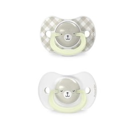 Suavinex, Pack de 2 Chupetes que Brillan en la Oscuridad, Bebés 6/18 Meses, para Dormir, con Anilla Fluorescente y Tetina Fisiológica SX Pro de Silicona, Plana y Flexible, Beige