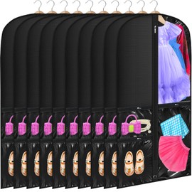 Windyun 10 Pack Garment Bags for Dance Costumes Kids 40 Inch Clothing Bags for Hanging Clothes with 3 Clear Zipper Pocket Waterproof Garment Cover for Dance Competition, Travel, Closet Storage (Black)