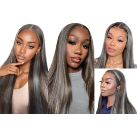 Ombre Human Hair Bundles Gray Bundle P4/Grey Straight Bundles Human Hair 24 26 28 Inch Two Tone Dark Brown And Gray Ombre Bundle Hair Weave Silky Soft Remy Hair Extensions
