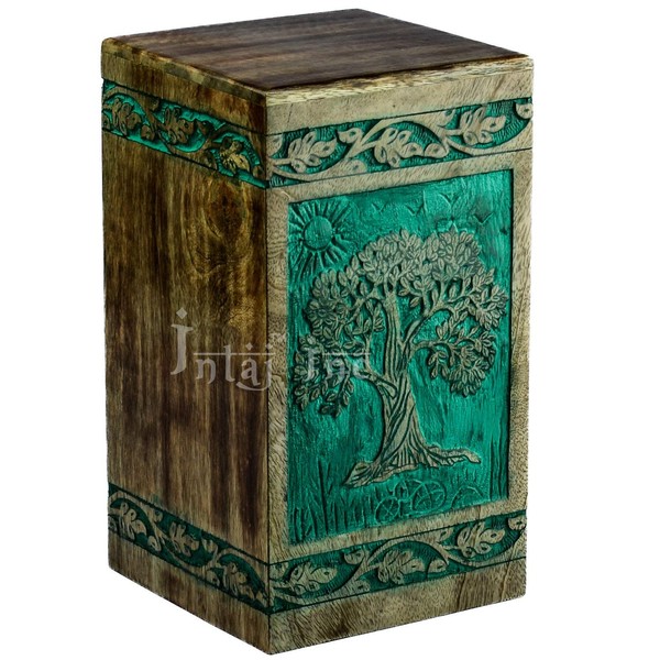INTAJ Cremation Urn for Human Ashes - Wooden Urn Box for Ashes Handcrafted - Tree of life Memorial Urn Funeral Cremation Urns (S (8.5x5) 115 Cu, Teal Green)