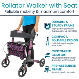 Vive Mobility Rollator Walker with Seat - Folding 4 Wheel Medical Rolling Walker with Bag - Mobility Aid for Adult, Senior, Elderly & Handicap - Aluminum Transport Chair