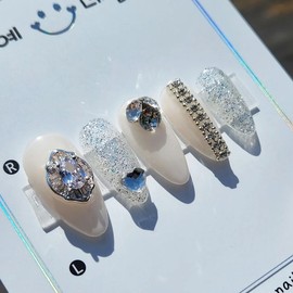 Gorgeous silver zircon chain handmade nail tip - petit coffin / 화려한 실버 지르콘 체인 수제네일팁 - 쁘띠 코핀