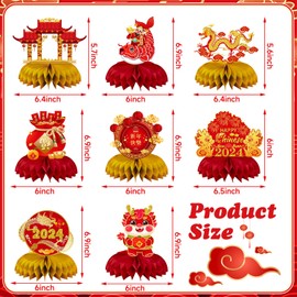 JULMELON Chinese New Year Decorations 2024 Happy New Year Honeycomb Centerpieces,8 PCS Red and Gold Year of the Dragon Table Toppers Decor for Lunar New Year Decorations Spring Festival Supplies