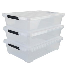 Innouse 40 Quart Under Bed Storage Bin with Wheels, 3 Packs Large Flat Latch Box, Clear