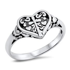 Filigree Heart Cross Oxidized Purity Ring .925 Sterling Silver Band Size 6