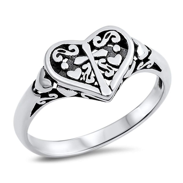 Filigree Heart Cross Oxidized Purity Ring .925 Sterling Silver Band