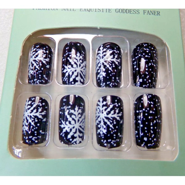 Do-it-Yourself Nails Shiny Black with Snowflakes Design glue on Medium
