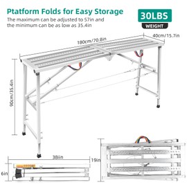 Scaffolding Adjustable Height Work Platform, Multi-Functional Portable Folding Aluminum Step Ladder, Maximum Bearing 800lbs for Painting, Car Washing, Cleaning, 70.8"×15.7"×35.4"