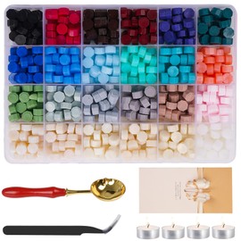MICTER Sealing Wax Beads Set, 24 Colours, 600 Pieces Sealing Stamps, Octagonal with 1 Spoon, 4 White Candles and 1 Tweezers for Wax Envelopes, Letters, Wedding Invitations, Cards and DIY