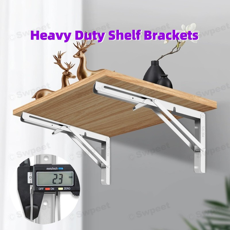 Swpeet 2 Pack 10" Folding Shelf Bracket, Heavy Duty DIY