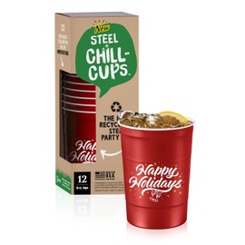 Steel Chill Cups 16 oz. Party Cups 'Happy Holidays' Perfect for Cold Drinks, Sturdy, Disposable and 100% Recyclable, Made in USA, Red, 12 Count