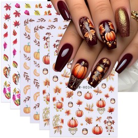 POWPOP Fall Nail Stickers Maple Leaf Pumpkin Nail Art Decals 6PCS Autumn Glitter Leaves Pine Nut Pumpkin Nails Design Self-Adhesive Nail Art Supplies Fall Stickers for Nails DIY Manicure Decorations