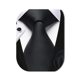 HISDERN Black Necktie for Men Funeral Tie and Pocket Square Cufflinks Tie Set Formal Business Wedding