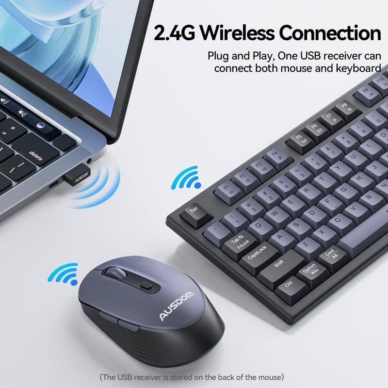 AUSDOM Wireless Keyboard and Mouse Combo: 2.4G Full-Sized Rechargeable Cordless