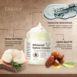 Luxvez Beef Tallow for Skin – Whipped Tallow Face Moisturizer, Deep Hydration & Nourishment for All Skin Types, Beef Tallow Face Moisturizer, Unscented, 4 Oz