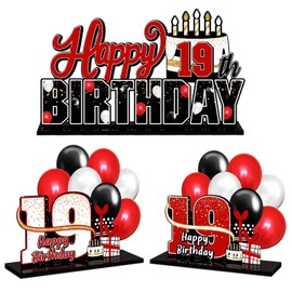 LINGTEER Happy 19th Birthday Red Acrylic Table Topper Centerpieces Set - Cheers to Nineteen Years Old Birthday 19th Bday Party Gift Decorations.