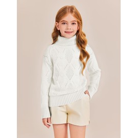 Haloumoning Girls Turtleneck Sweaters Kids Long Batwing Sleeve Chunky Knit Pullover Jumper 5-14 Years White