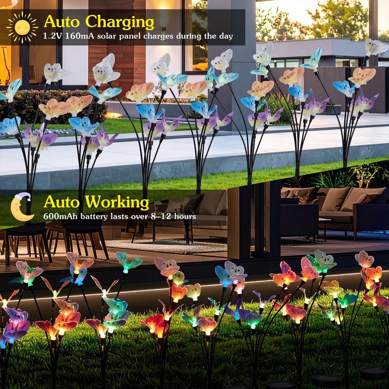 Solar Butterfly Lights Outdoor 2 Pack, Each with 6 Fiber