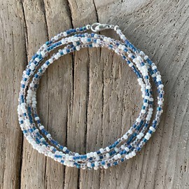 Kathy Bankston Handmade Blue and White Pearl Color Seed Bead Necklace, Thin 1.5 mm Single Strand