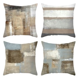 Daesar Bed Throw Pillow Covers, Pillowcase Living Room 4 Pack Brown Grey White 18x18 Zipper Pillow Case 45x45CM Striped Lattice, Polyester