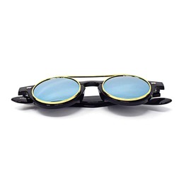 Ultra Small Round Flip Up Steampunk Sunglasses UV400 - Unisex for Men and Women with Polycarbonate Lenses - Retro Round Glass Style - Unisex Sun Glasses with Flip Feature - Black with Green Lenses